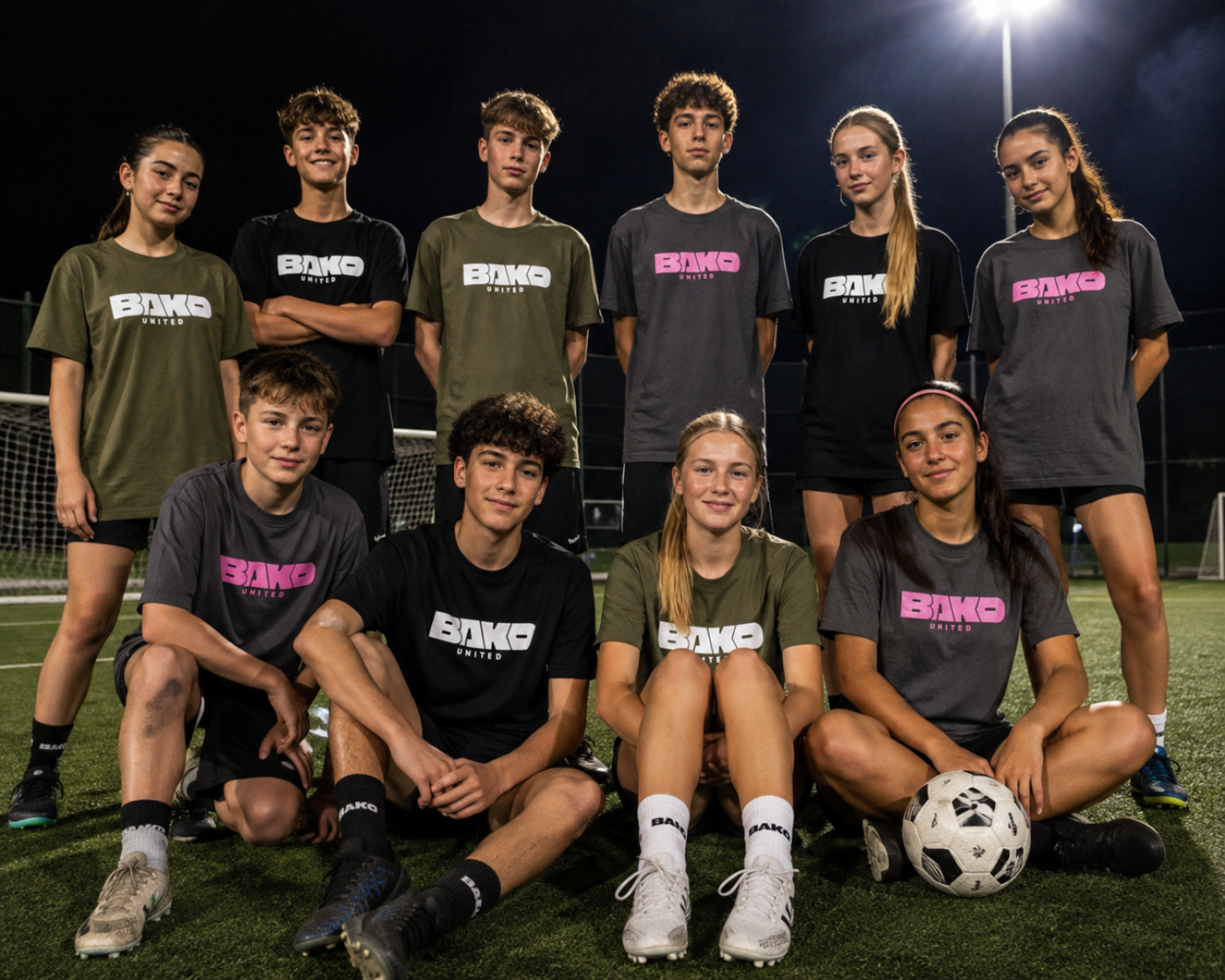 A group of 10 young athletes posing together on a soccer field at night under stadium lights, wearing matching athletic t-shirts with the brand 'Bako United' printed in white and pink.
