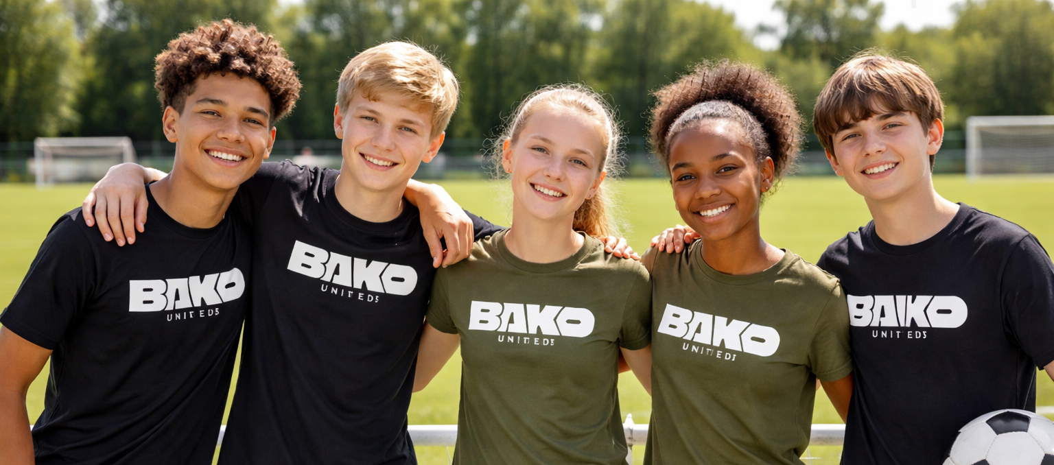Five young people wearing Bako United tshirts on a sports field.