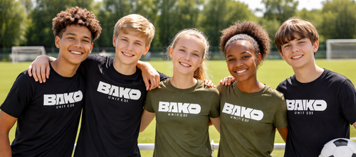 Five young people wearing Bako United tshirts on a sports field.